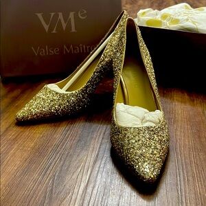 Gold Glitter Stiletto Heels with Pointed Toe